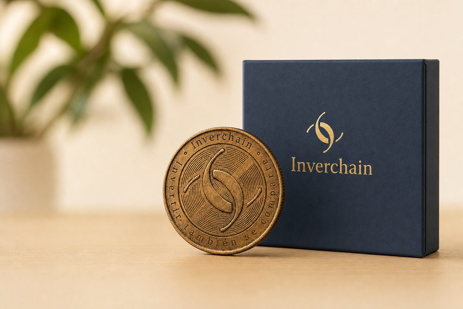 La moneda de Inverchain de pie junto a la caja azul marino con el logo en dorado, sobre una mesa de madera
