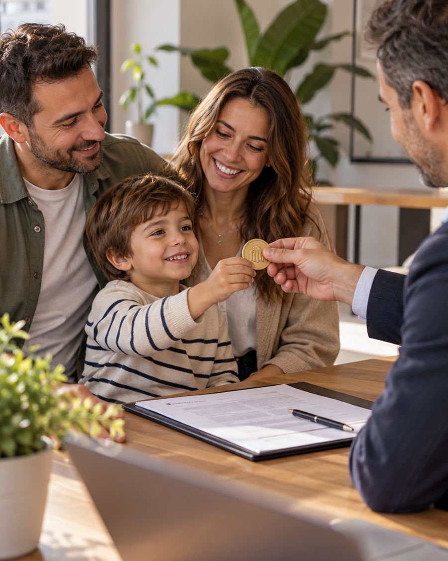 Una familia recibe la moneda de Inverchain: el niño la coge con una sonrisa