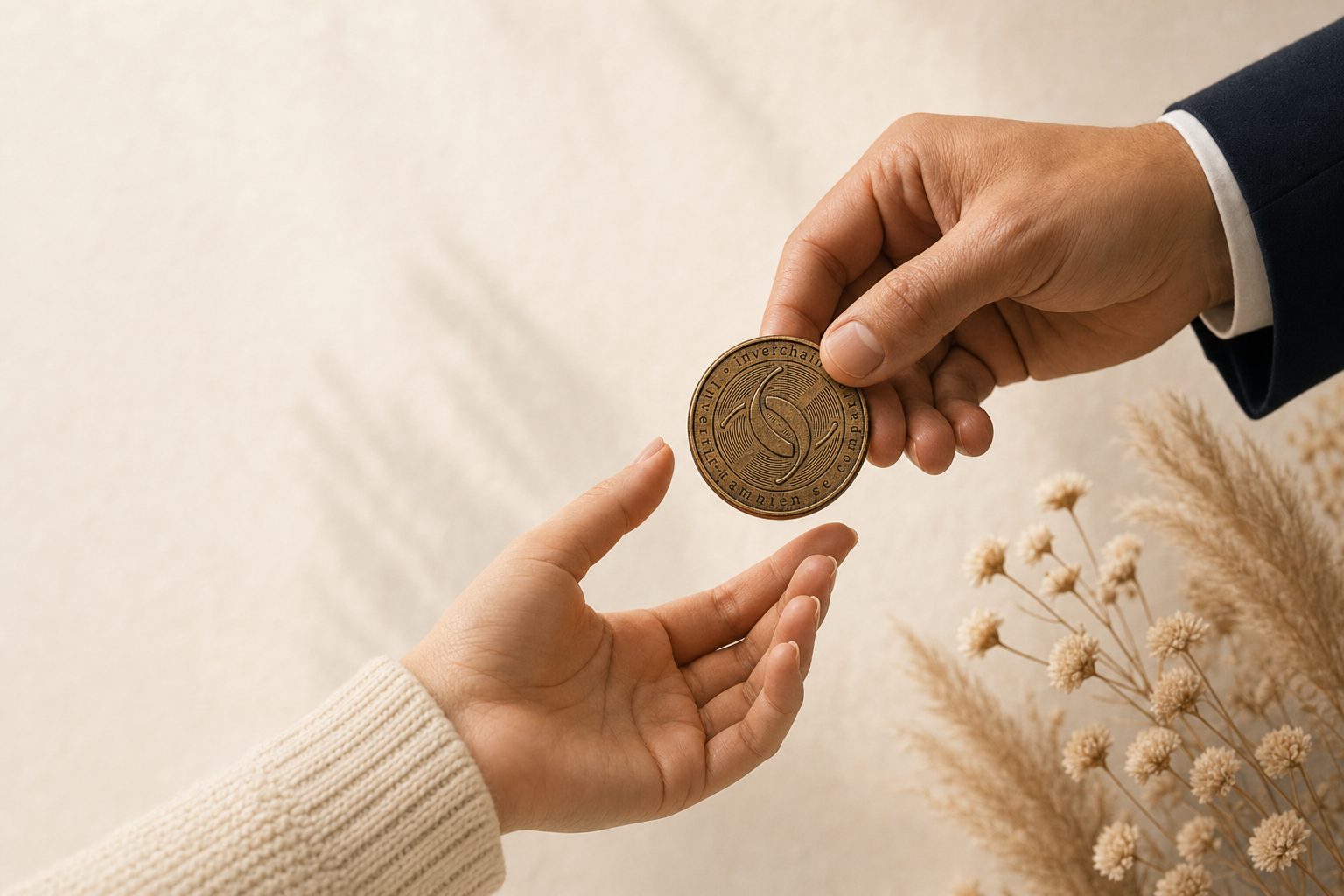 Una mano con traje azul marino entrega la moneda de Inverchain a otra que la recibe, sobre un fondo crema con flores secas