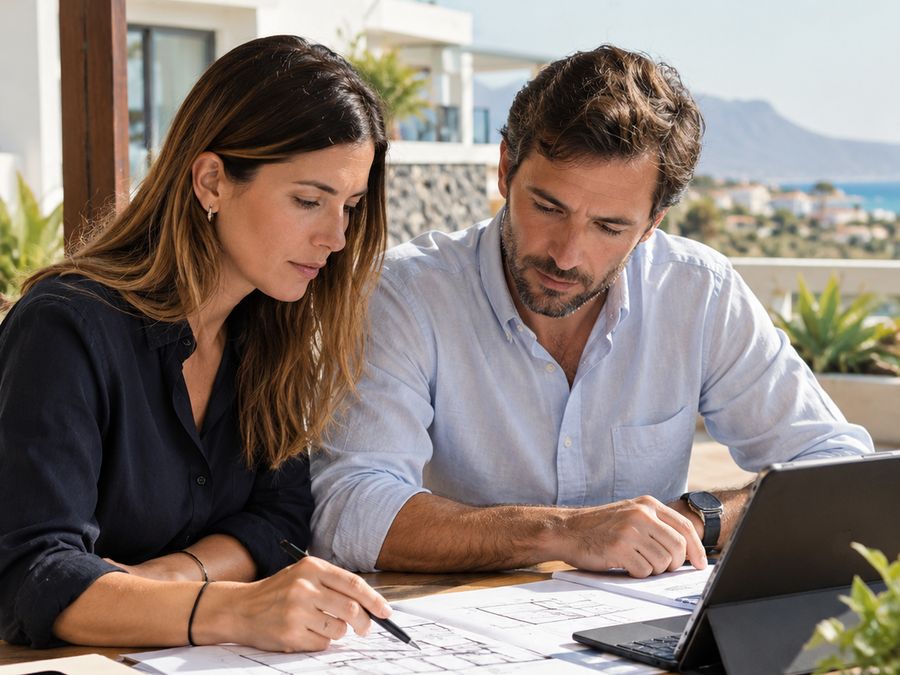 Dos personas revisan con calma los planos y la documentación de un inmueble