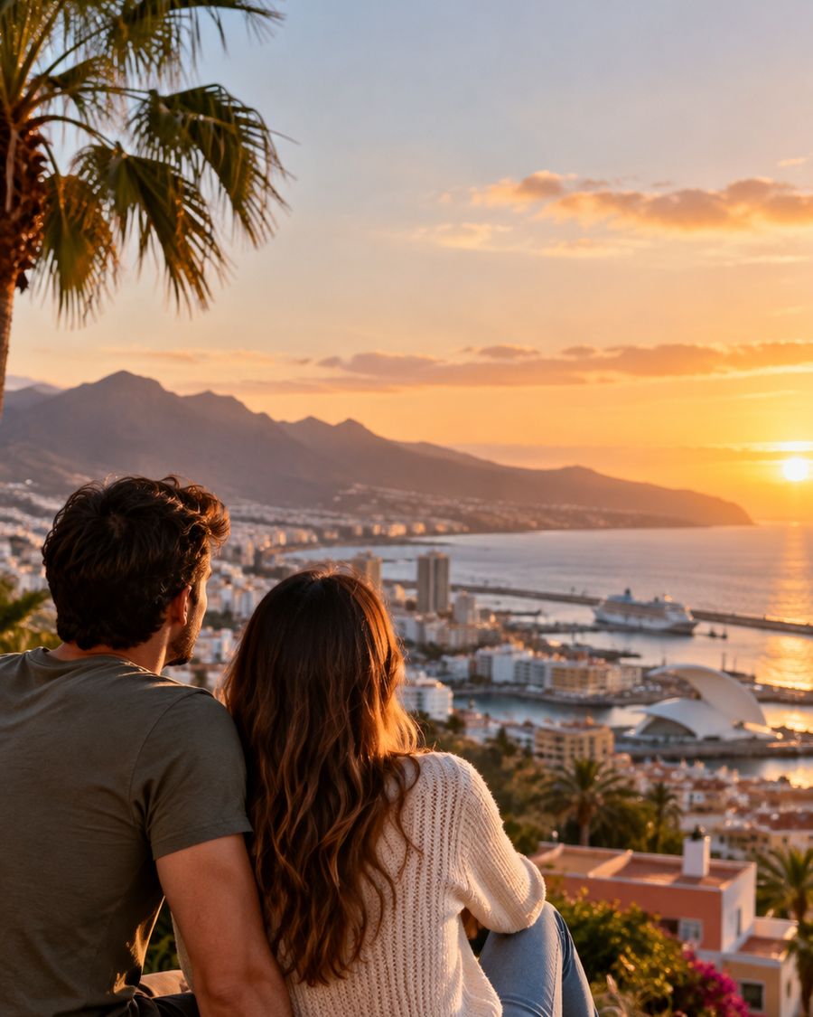 Una pareja contempla Santa Cruz de Tenerife al atardecer desde un mirador